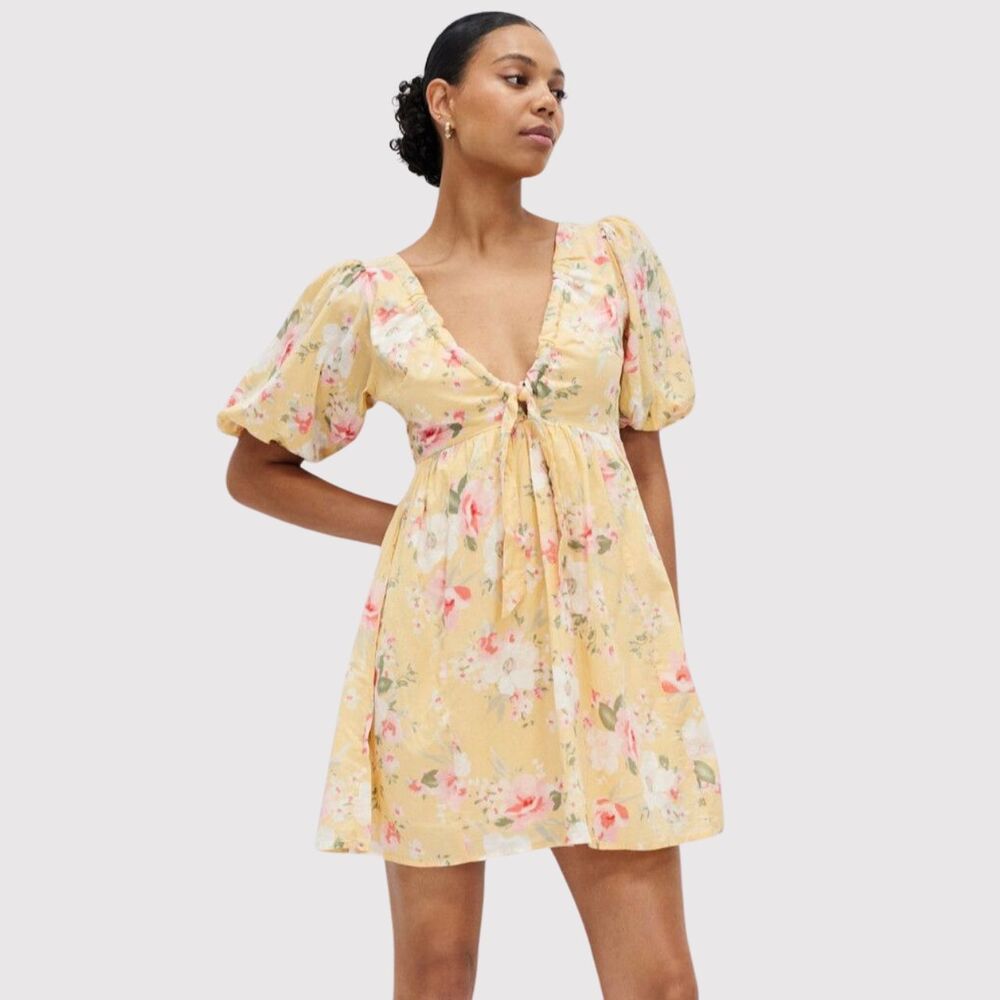 NWT Abercrombie Fitch Dress Yellow Mini Floral V Neck Cinched Front A Line XSP